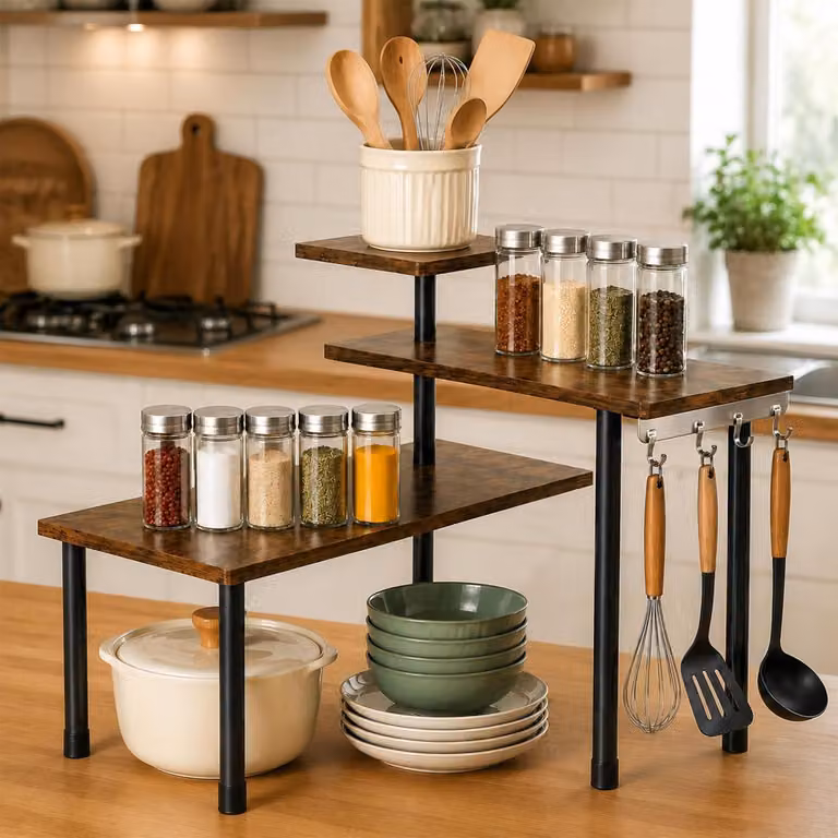 Ripiano angolare per cucina, piano di lavoro, 3 livelli, in legno, regolabile, organizer per cucina