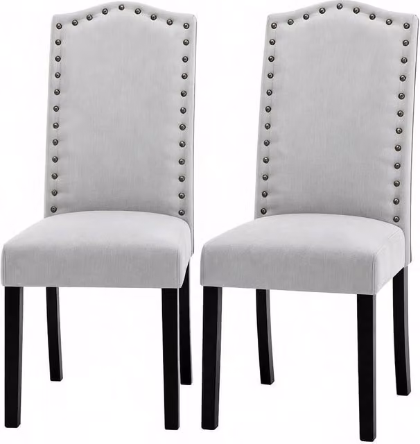 Set di 2 Sedie da Pranzo Moderne con Schienale Alto in Lino e Legno Massello, Colore Chiaro