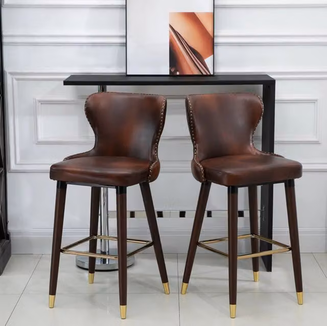 Set di 2 sgabelli da bar in stile bistrot con schienale, seduta imbottita in PU marrone, 52x53x101 cm