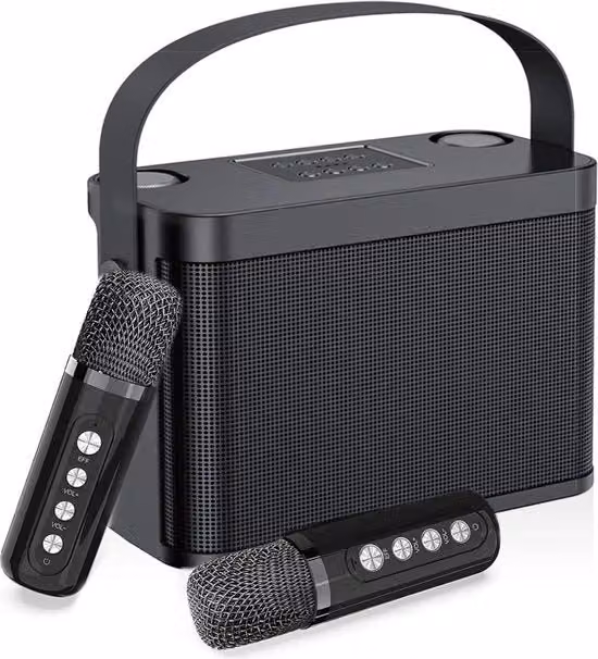 Impianto Karaoke per Adulti con 2 Microfoni Senza Fili e Connettività Bluetooth, USB e Jack 3.5 mm, Colore Nero