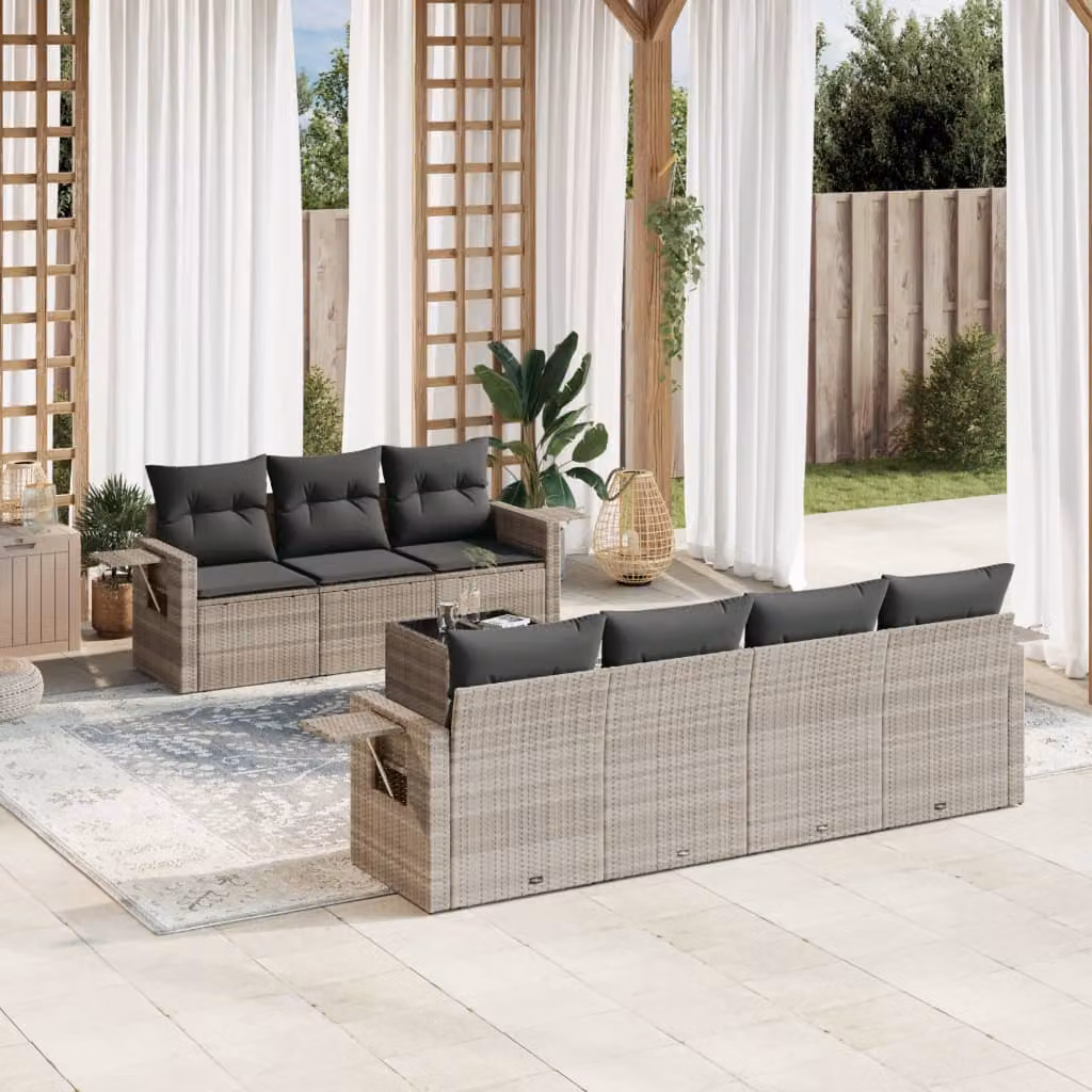 Set Divano da Giardino 8pz vidaXL in Polyrattan con Cuscini Grigio Chiaro e Tavolino da Esterno – 1