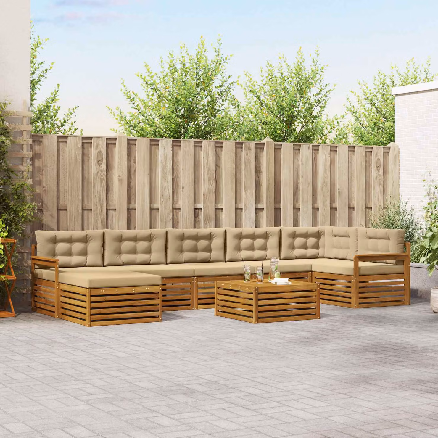 Set di divani da esterno vidaXL 8 pz in legno di acacia con cuscini beige e marrone per giardino e terrazza