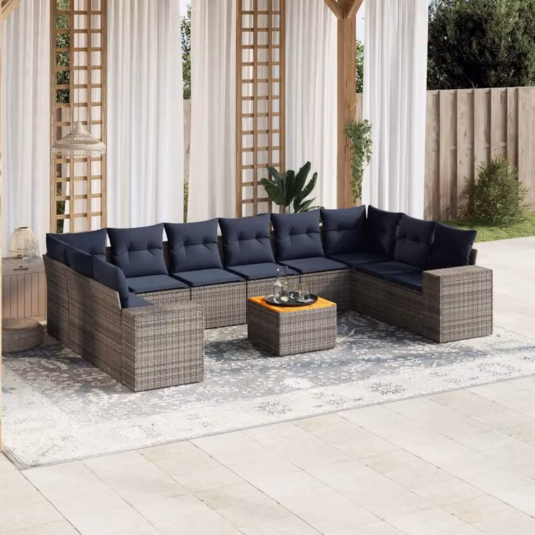 Set di divani da giardino vidaXL in polyrattan da 11 pezzi con cuscini e tavolino da esterno, colore grigio e blu, design moderno a L con struttura in metallo e legno di acacia