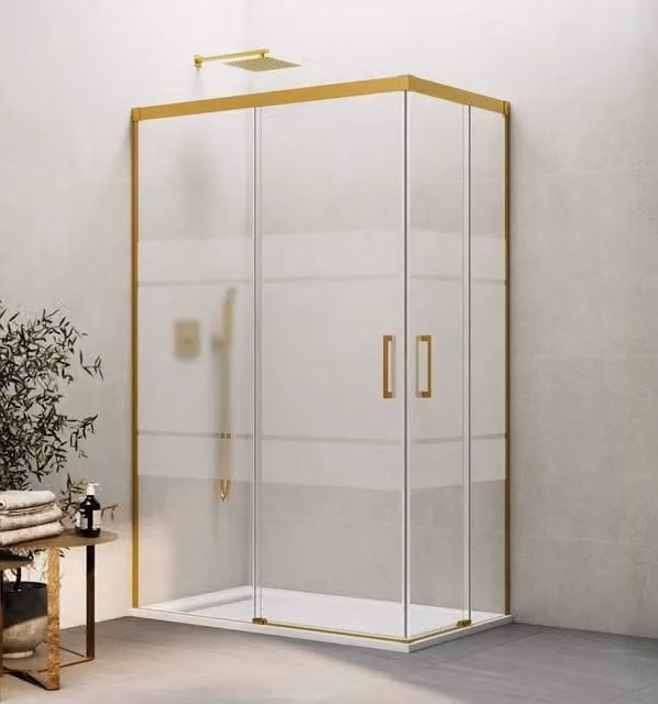 Box doccia angolare BASIC BASI con apertura al vertice, vetro satinato e finitura oro, L: 140 cm, P: 70 cm