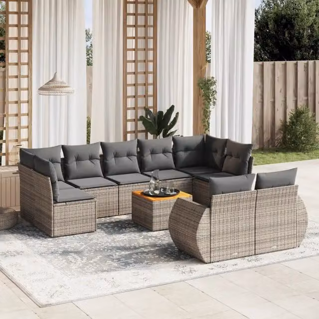 Set Divano da Giardino 10 pz con Cuscini Grigio in Polyrattan 3225157