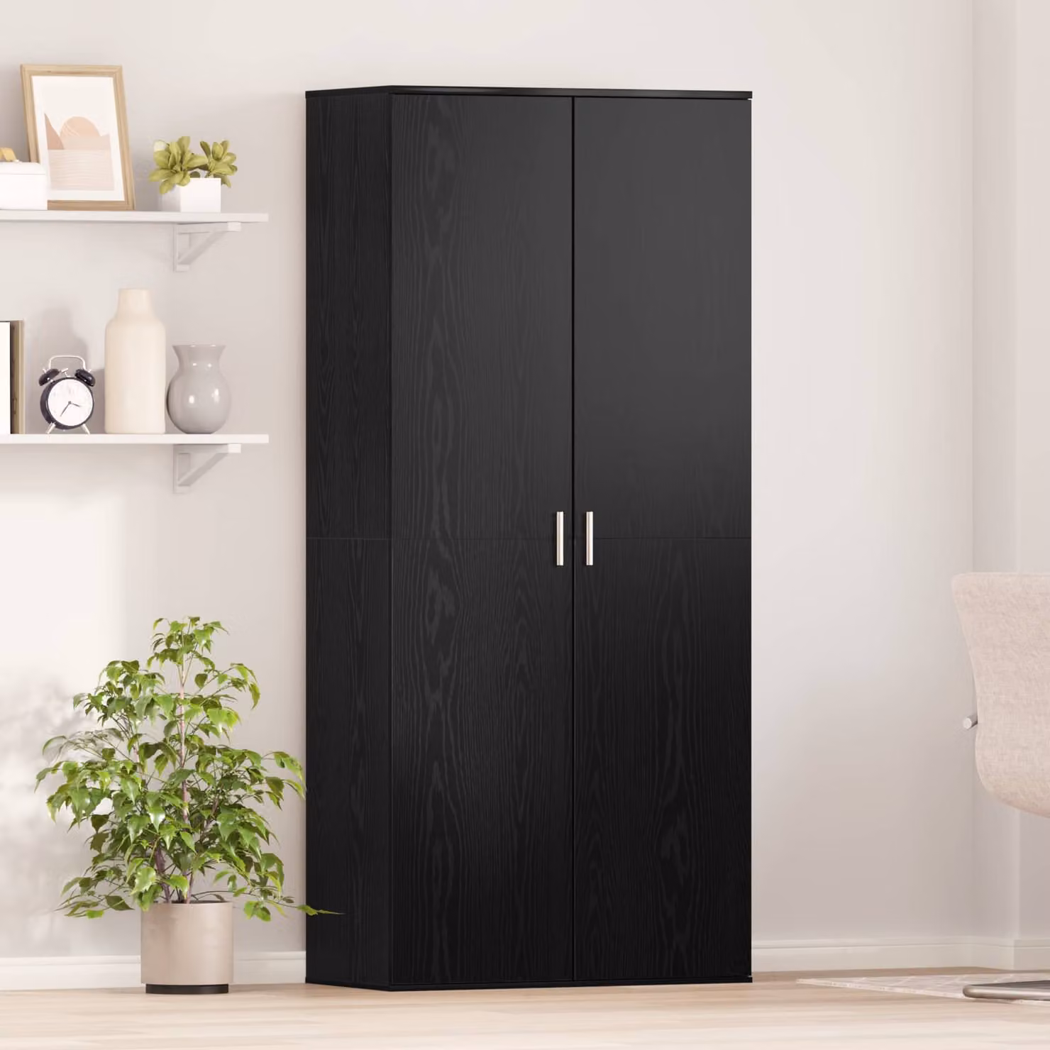 Credenza moderna vidaXL in legno nero e rovere con finitura opaca, L: 80 cm, P: 39 cm, H: 178 cm