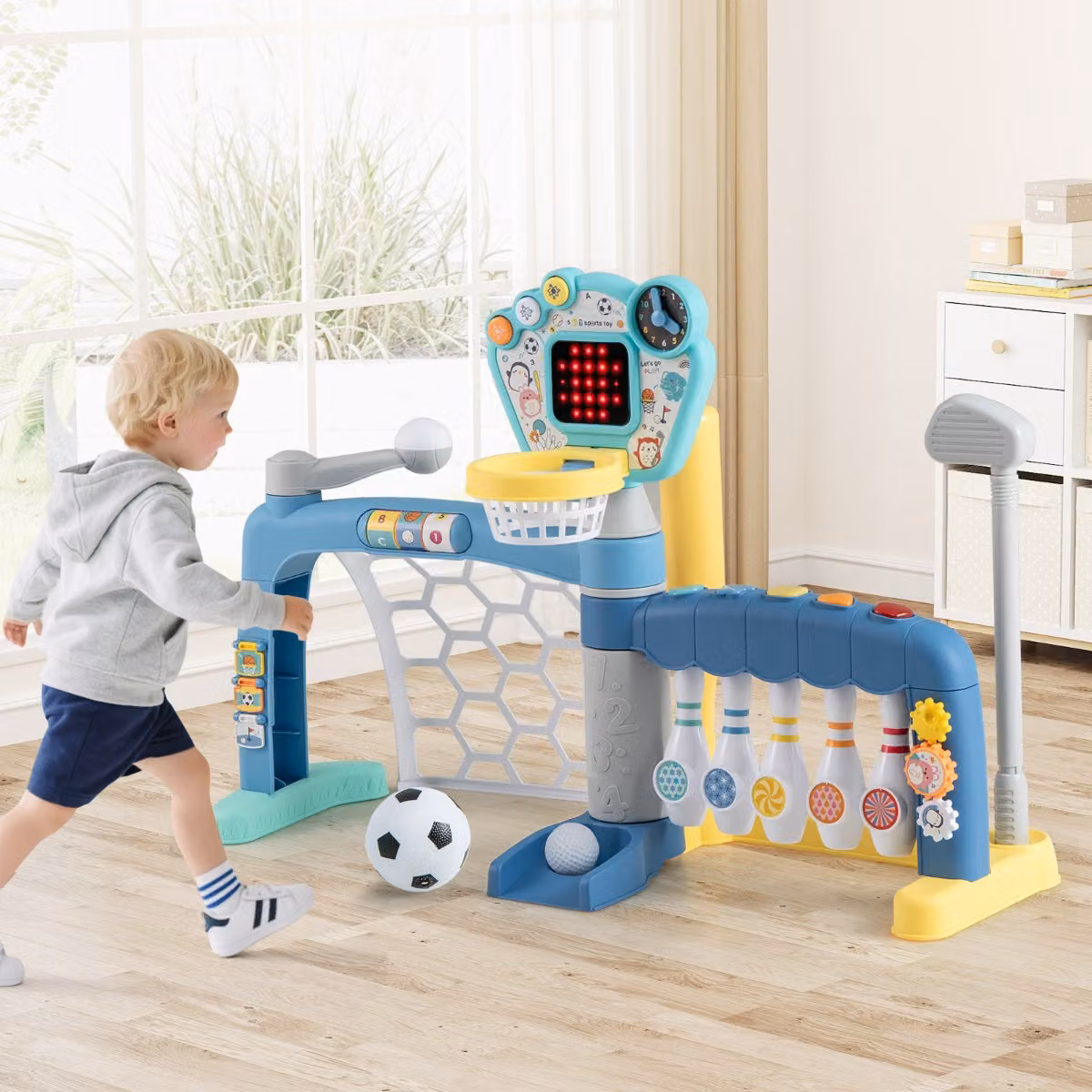 Costway Giocattolo sportivo 5 in 1 multicolore per bambini con canestro da basket regolabile, luci e suoni sensoriali