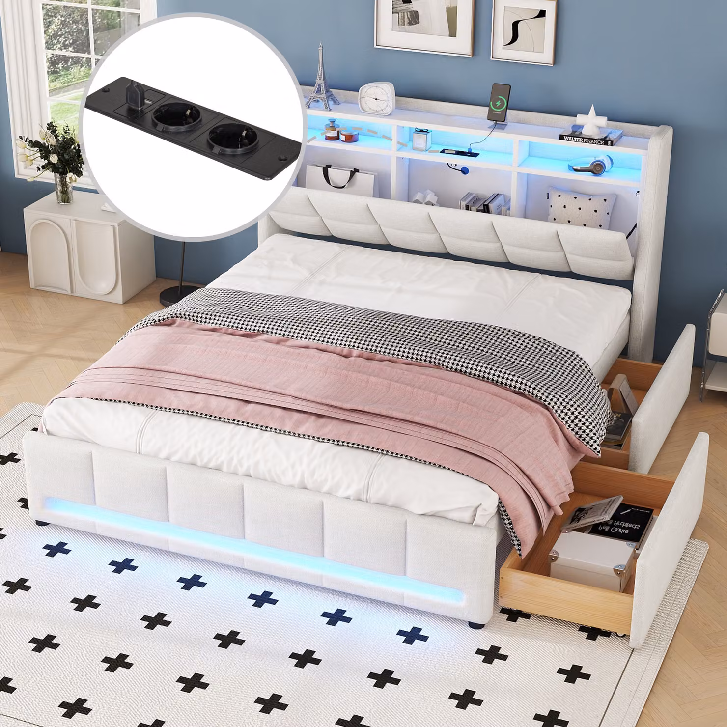 Letto imbottito Flieks 140x200cm con funzione cassetto, letto matrimoniale contenitore con 2 cassetti, letto in legno per ragazzi con LED e rete a doghe, lino, beige