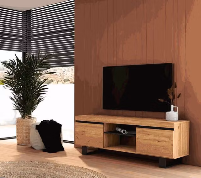Mobile TV Skraut Home modello Naturale RF983 in stile scandinavo, colore Rovere e nero, con 2 porte e 2 alloggiamenti, L: 140 cm, P: 40 cm, H: 53 cm