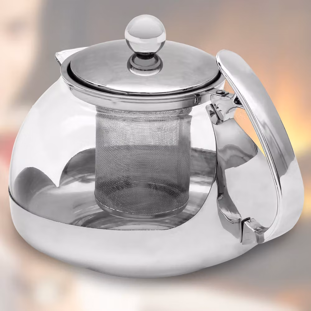 Teiera Deuba® in vetro e acciaio inossidabile color argento con filtro rimovibile e beccuccio antigoccia, capacità 1,2 l – 2