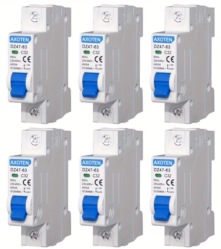 6 interruttori magnetotermici miniaturizzati (MCB) da 1P 32A per quadri elettrici