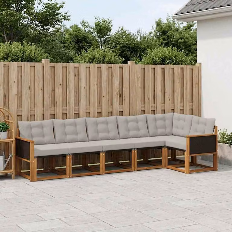 vidaXL Set di divani da esterno a L composto da 6 pezzi in legno di acacia e tessuto textilene, colori beige, grigio e marrone