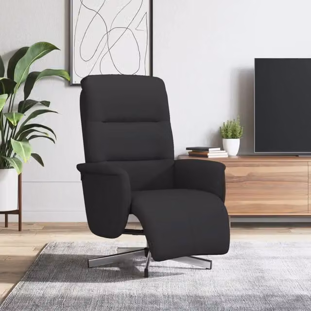 Poltrona Reclinabile con Poggiapiedi Nera in Tessuto e Struttura in Metallo e MDF, Design Moderno con Rotazione a 360 Gradi e Leva Manuale, H 105 x L 71 x P 64 cm – 1