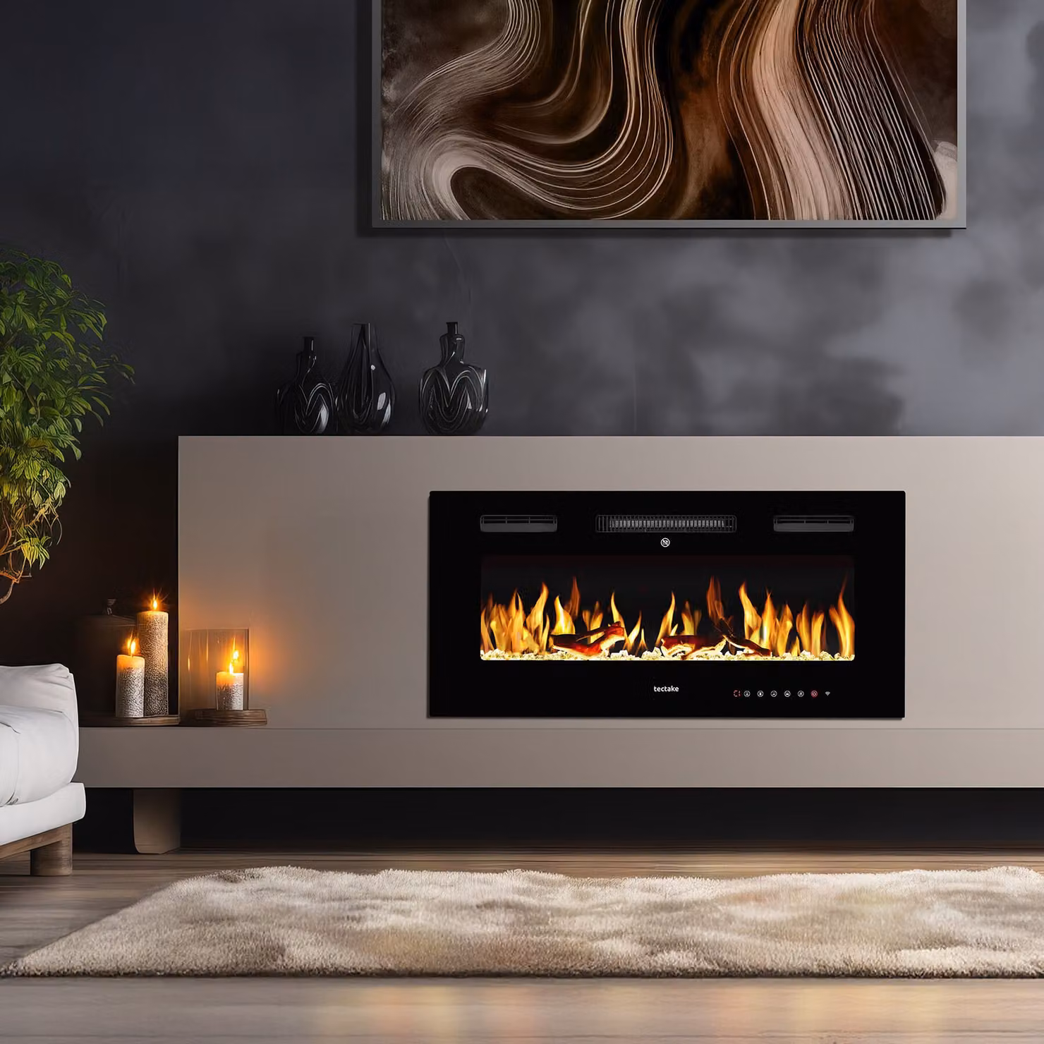 Caminetto elettrico da parete tectake nero con effetto fiamma, controllo tramite app e 2 livelli di riscaldamento, L/P/H: 91.5 x 43.0 x 12.0 cm – 3
