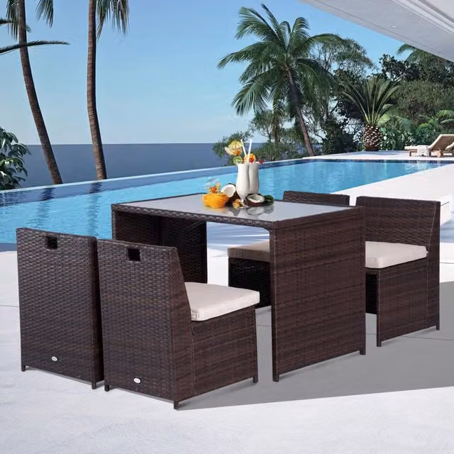Set salotto da giardino in polyrattan 5 pezzi con tavolo; 4 sedute e cuscini; marrone