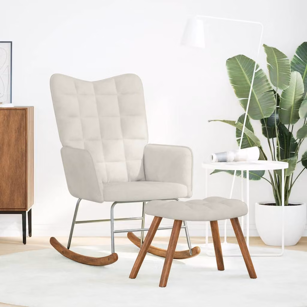 vidaXL Sedia a dondolo con sgabello in velluto crema