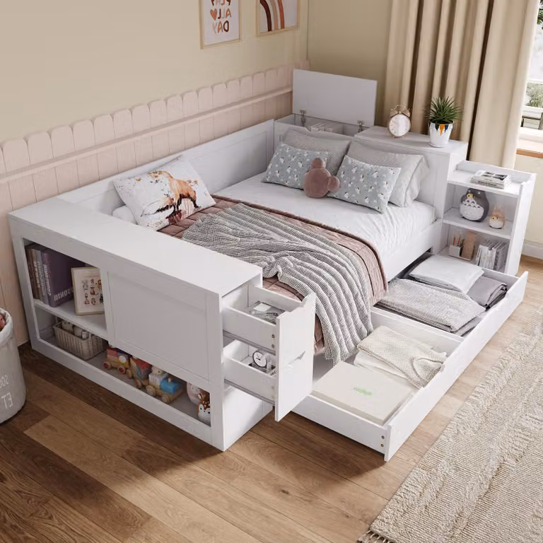 STILVORA Letto per bambini 140x200 con 2 cassetti estraibili e comodini, letto per ragazzi con armadietti, letto con contenitore per adolescenti, senza materasso, bianco