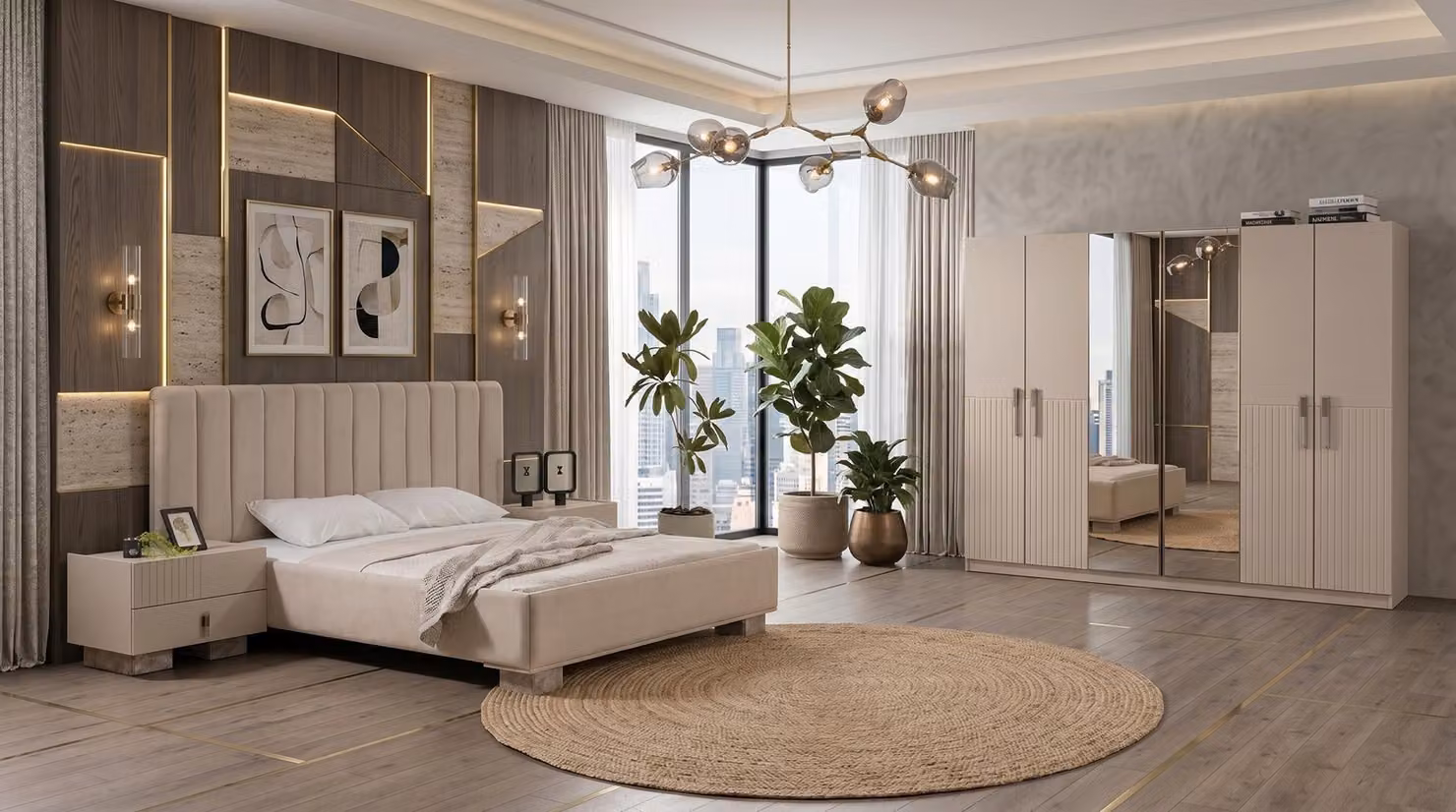 Set di mobili da camera da letto color beige, comprendente: letto, grande armadio, comodini e mobili di design