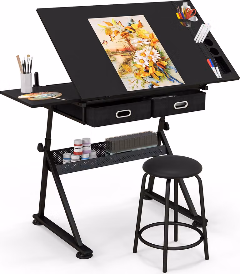 Tavolo da disegno regolabile in altezza COSTWAY, scrivania con piano inclinabile, 2 cassetti e sgabello