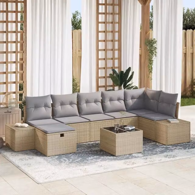 Set di divani da giardino vidaXL in rattan con cuscini beige e tavolino da caffè, 7 pezzi – 1
