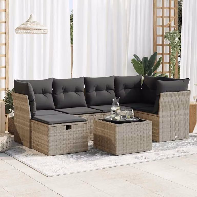 Set Divani da Giardino vidaXL 7 Pezzi a Forma di L con Cuscini Grigio Chiaro e Tavolino in Polyrattan e Metallo