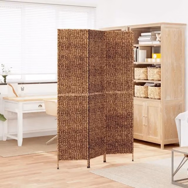 Divisorio Ambienti vidaXL a 3 Pannelli in Metallo e Rattan Marrone Stile Rustico L: 122 cm, H: 180 cm
