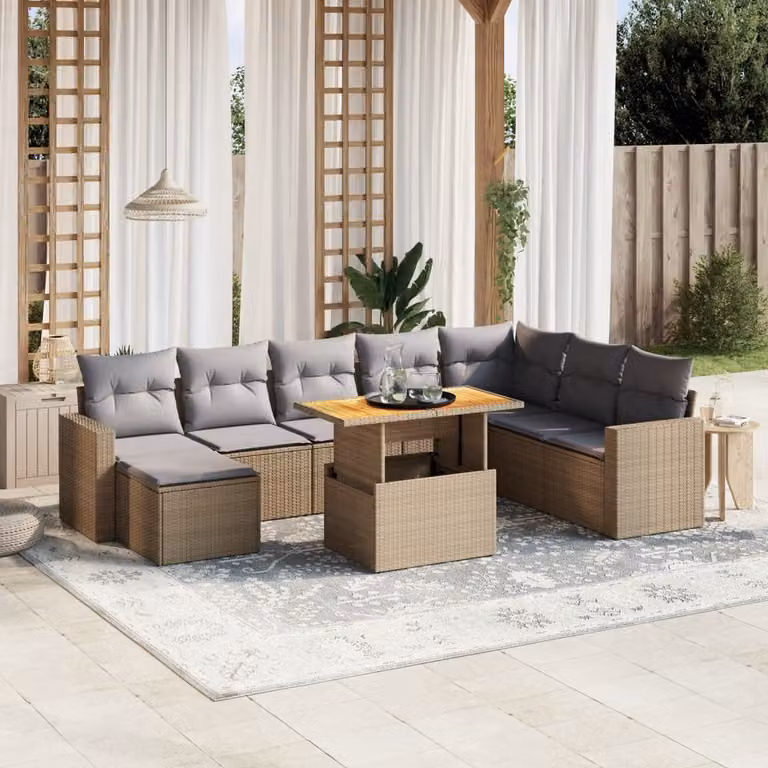 vidaXL Set Divano da Giardino 9 pz in Polyrattan Beige con Cuscini e Tavolino da Esterno