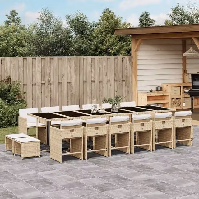 Set da pranzo da giardino vidaXL in polyrattan con cuscini beige e piano in vetro, 17 pezzi
