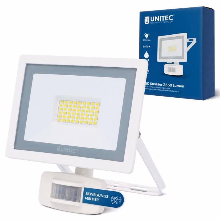 Fareto a LED da 30W, 2400 lumen, con sensore di movimento, grado di protezione IP44, temperatura di colore 6500K, colore bianco