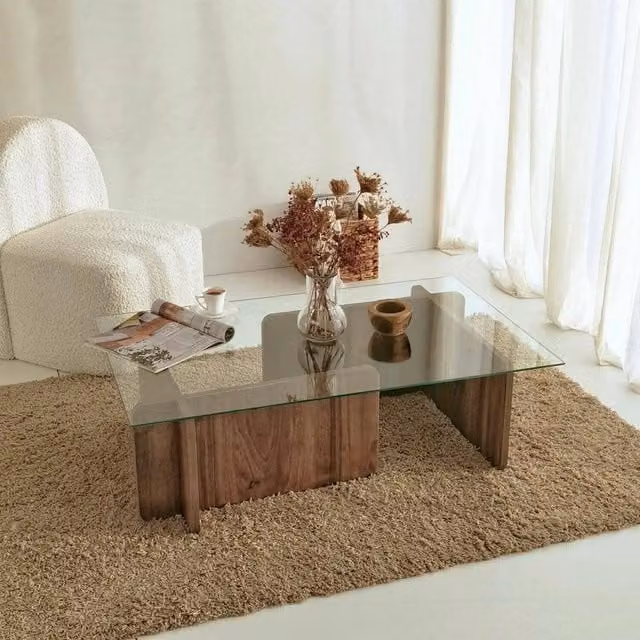 Tavolino da salotto moderno DMORA con piano in vetro trasparente e struttura in legno marrone L: 126 cm, P: 65 cm, H: 40 cm