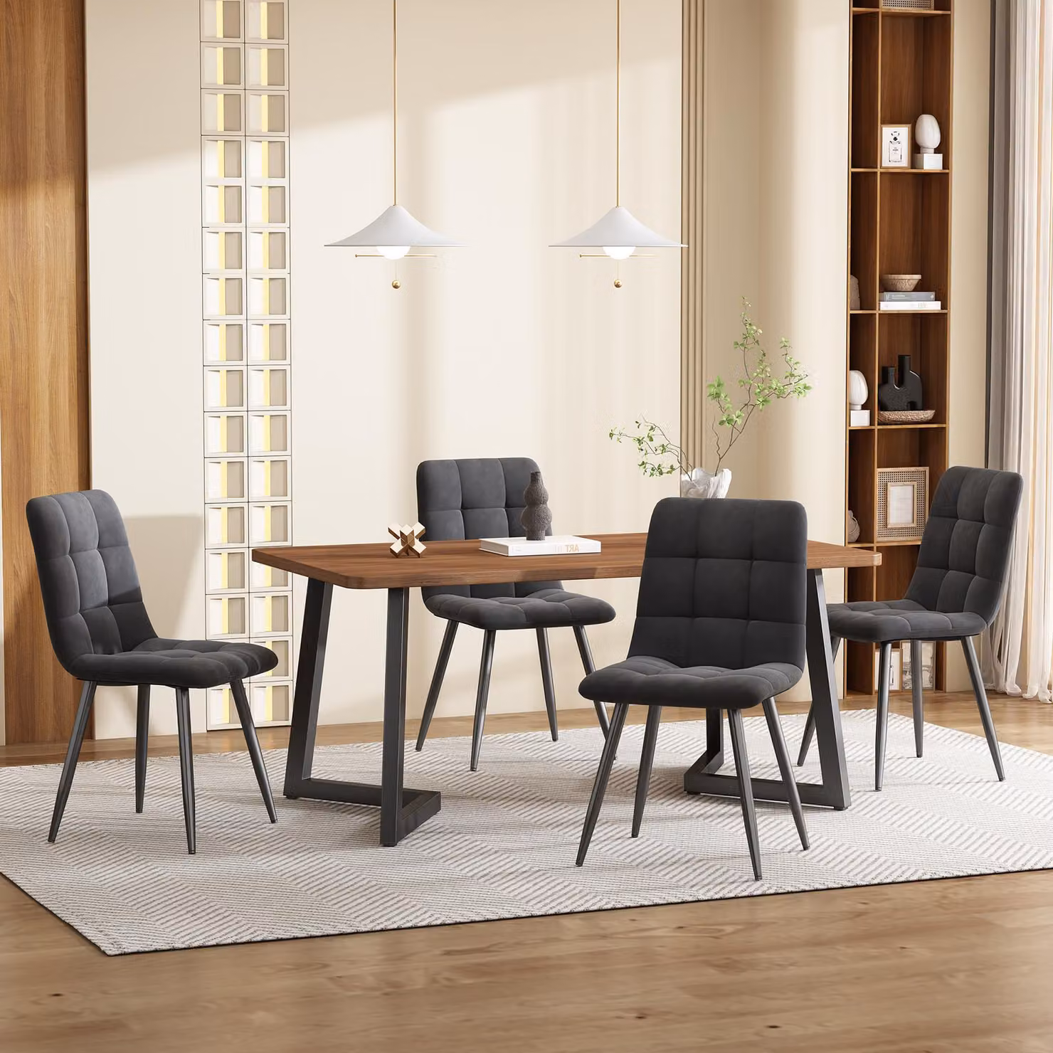 Fortuna Lai, set da pranzo (5 pezzi), tavolo da pranzo con 4 sedie, set moderno per cucina, tavolo da cucina in legno con gambe in metallo nero, piano del tavolo in MDF color noce, sedie da pranzo in velluto grigio scuro