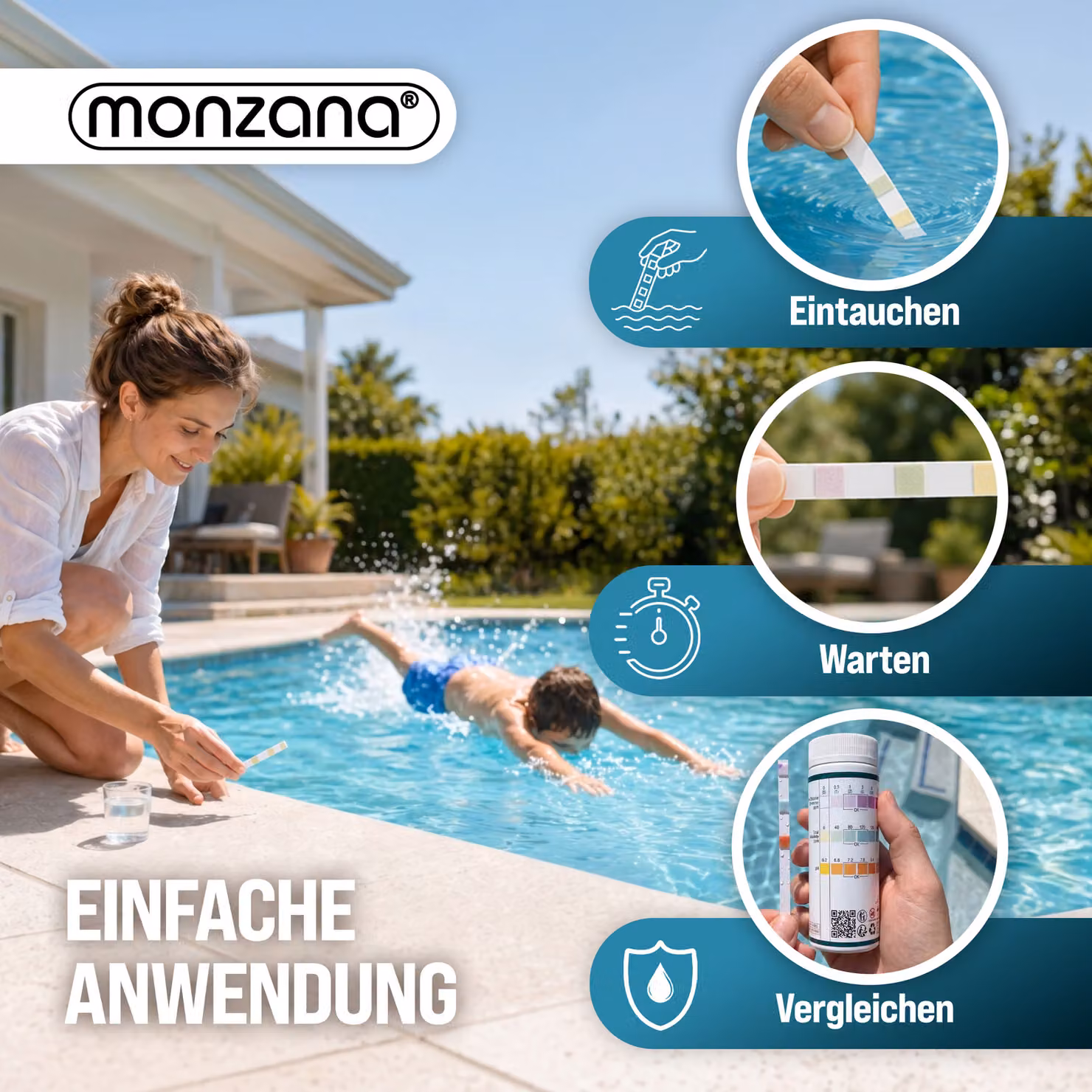 Strisce di test 3 in 1 Monzana per piscina, vasca idromassaggio e spa per il controllo di pH, cloro e alcalinità, 150 pezzi – 3