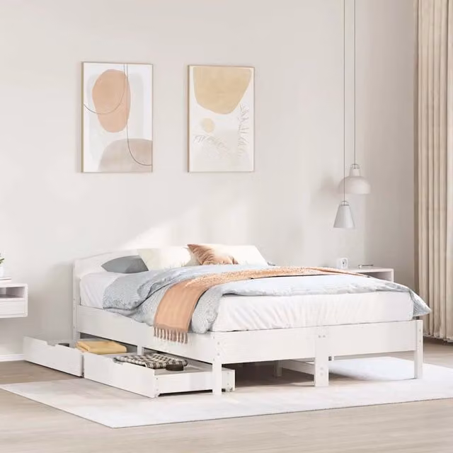 Letto singolo vidaXL in legno massello di pino bianco con cassetti e doghe piatte L/P/H: 205.5 x 120 x 74.5 cm