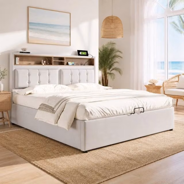 Letto imbottito 140x200 con testiera regolabile, ricarica USB-C e prese, contenitore in tessuto di lino, senza materasso