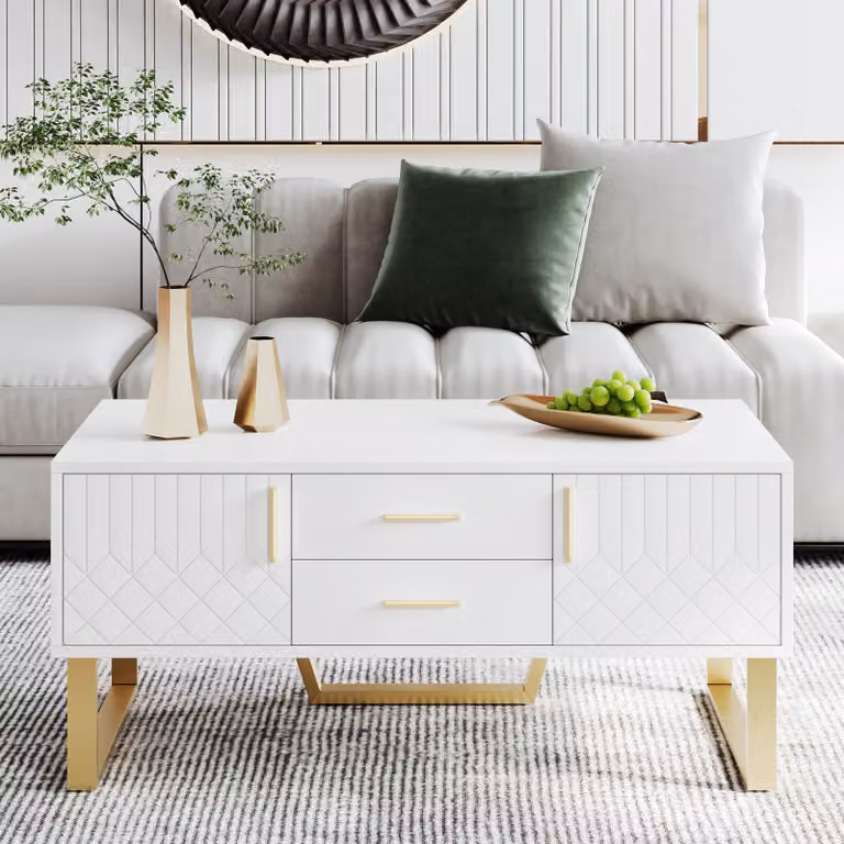 Tavolino AIORBER, con due cassetti e due ante, Design ad ante, Ampio spazio di archiviazione, Maniglie dorate, Per soggiorni, 100 x 50 x 45 cm, Bianco