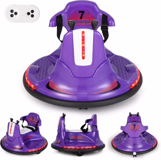 Autoscontro elettrico a batteria per bambini con doppio joystick, telecomando e luci a LED, colore viola