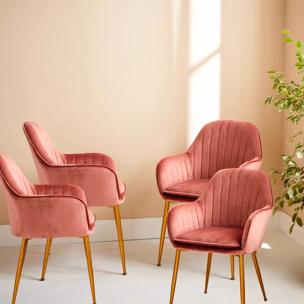Set di 4 poltrone Sweeek in velluto e bouclé rosa con struttura in metallo lucido e braccioli – 2