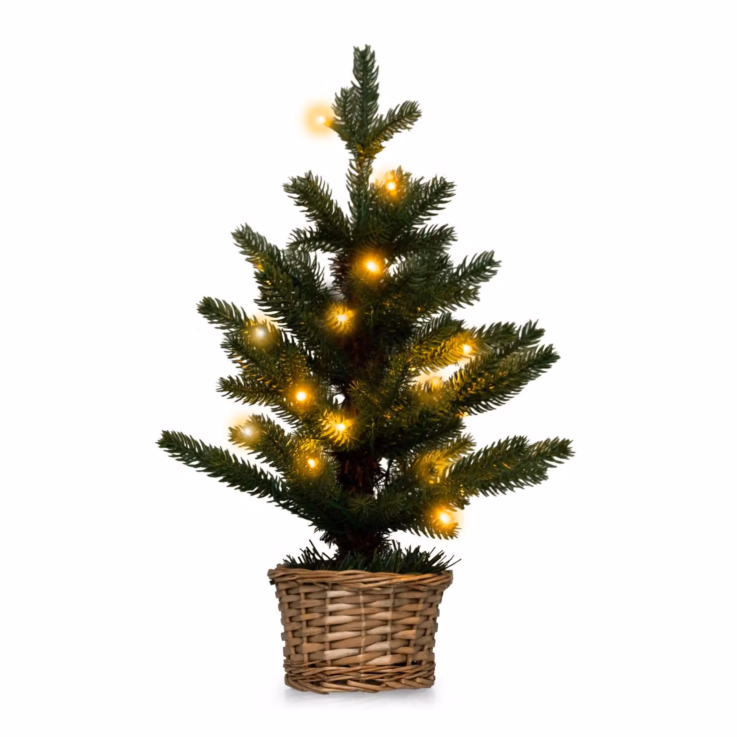 COSTWAY 48cm piccolo albero di Natale, mini albero di Natale illuminato, 20 LED in bianco caldo, albero di Natale con vaso in legno di salice e timer, albero di Natale