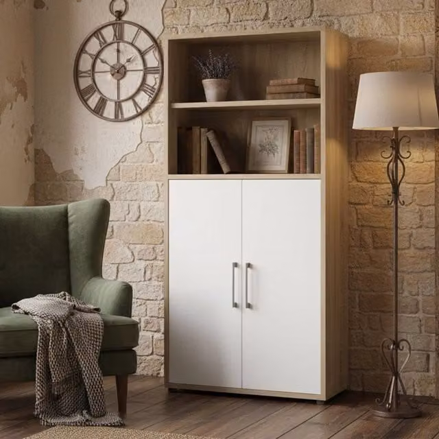 Credenza Saotome DMORA, Buffet e Madia da Soggiorno o Cucina, Colore Quercia e Bianco, L: 89 cm, P: 40 cm, H: 186 cm – 1