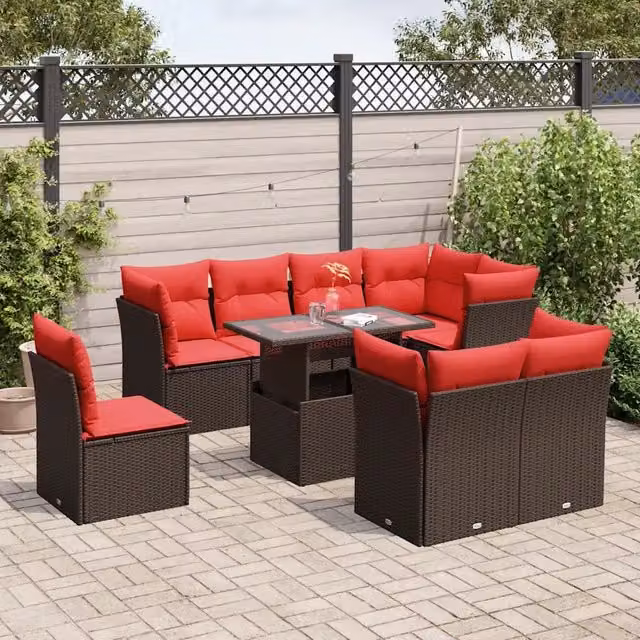 Set Divani da Giardino 9 pz con Cuscini Marrone in Polyrattan 3266734
