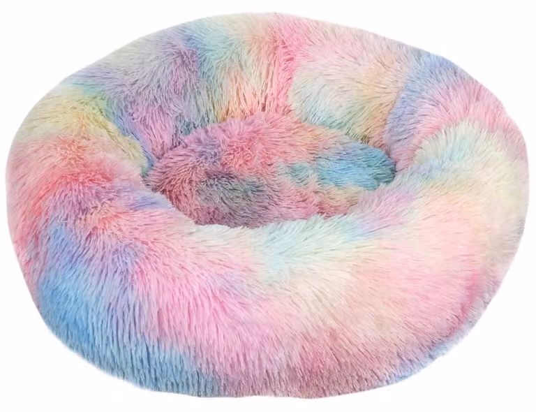 Cuccia per cani a forma di ciambella, modello "Nuvola", dimensioni 100x100x20 cm. Colore arcobaleno. Lavabile e antiscivolo