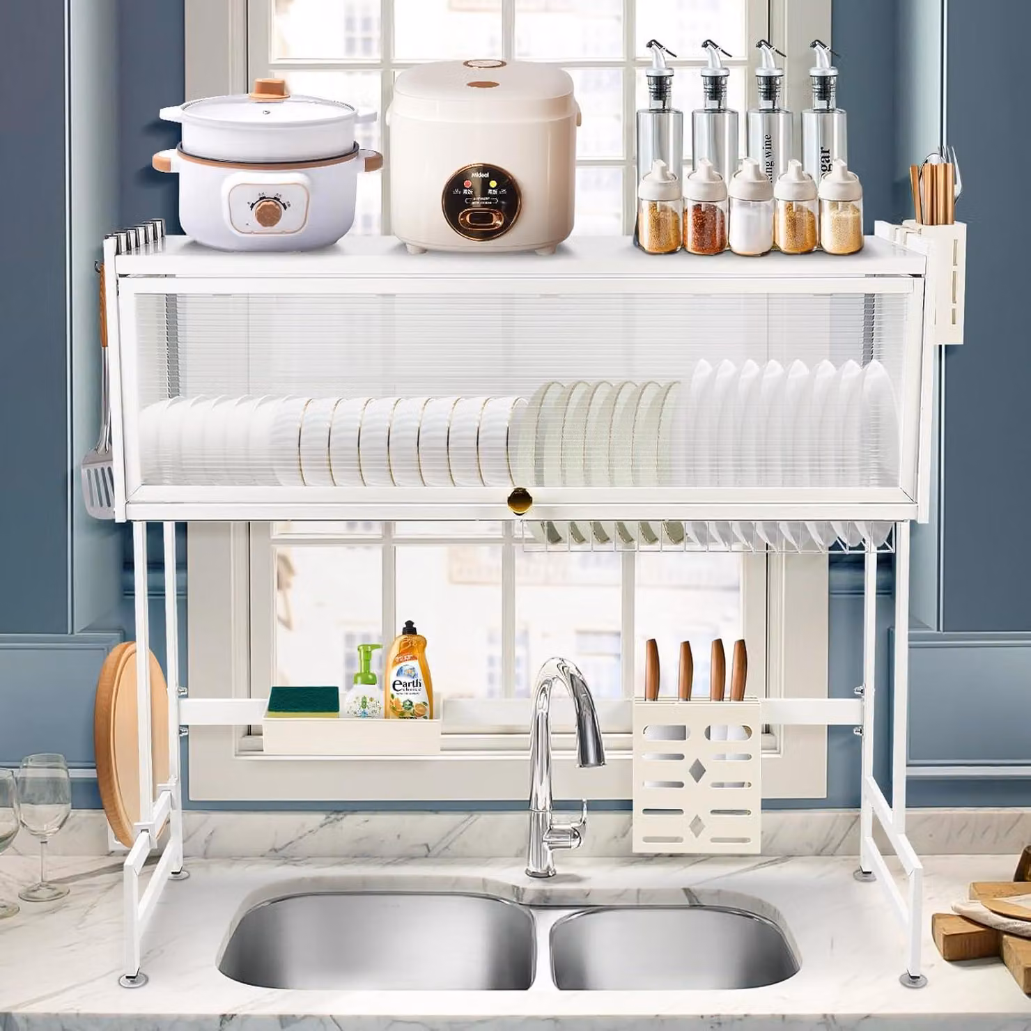 Portaoggetti a due livelli per stoviglie da montare sopra il lavello – grande organizer per lavello in acciaio inossidabile con più cestelli e portautensili, dimensioni 85 x 28 x 77 cm, colore bianco