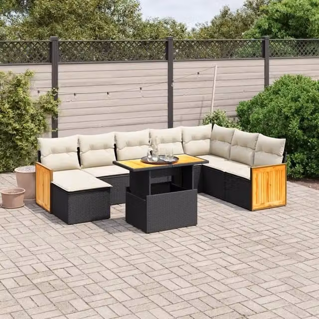 Set Divani da Giardino 9 pz con Cuscini Nero in Polyrattan 3274094