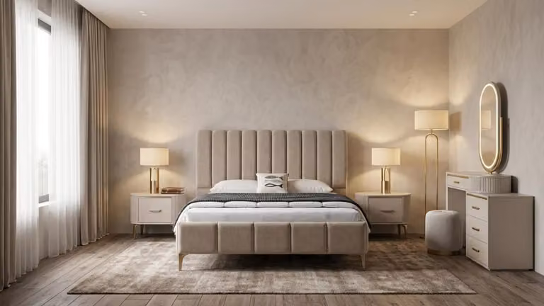 Set moderno per camera da letto, composto da un letto, due comodini e una elegante toeletta