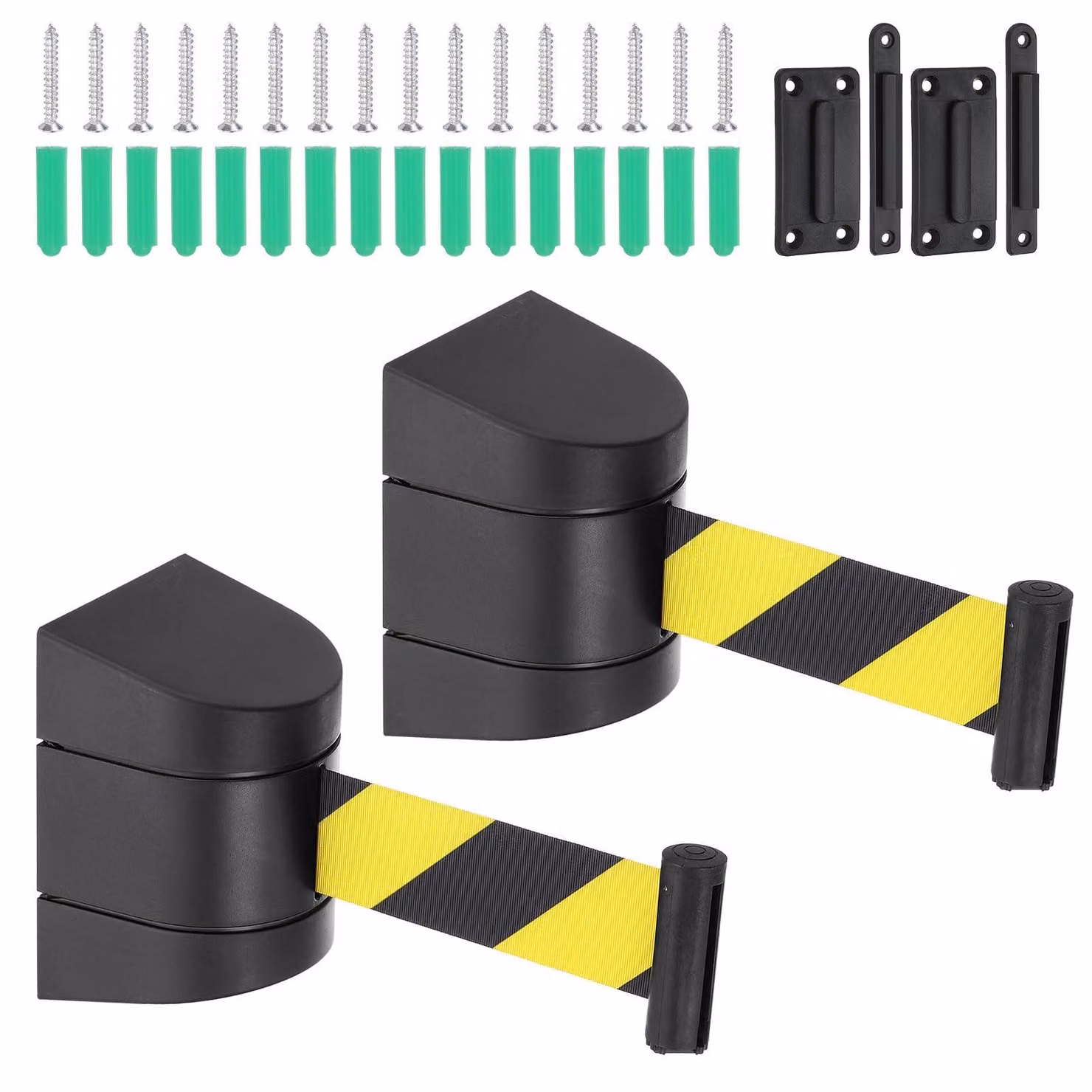 Set di 2 supporti a parete con nastro di sicurezza estensibile, lunghezza 16,4 metri, colore nero e giallo