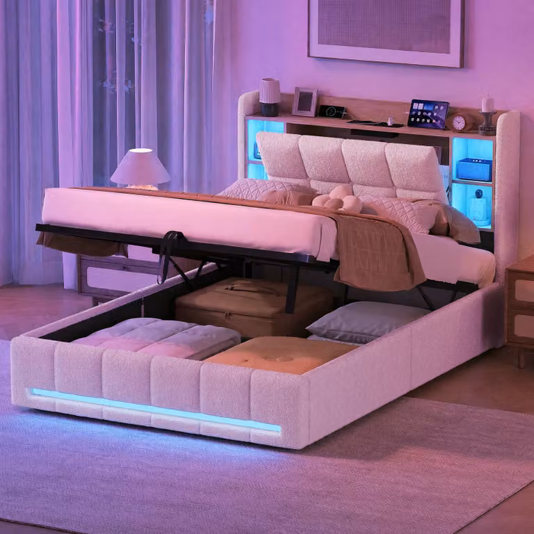 Letto imbottito REMZETTA, 140 x 190 cm, tessuto bouclé color crema, con contenitore, rete a molle idraulica, illuminazione LED, scaffale nella testata, 2 prese di corrente, porte USB-A e USB-C, spazio contenitivo