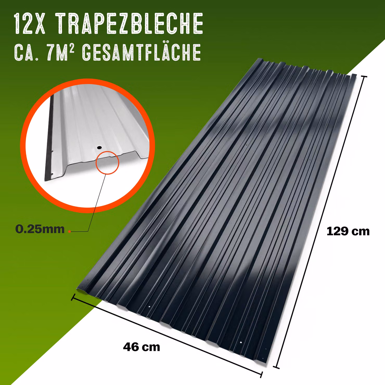 Set di 12 lastre trapezoidali in acciaio zincato Gardebruk, colore grigio antracite, L: 129 cm, P: 46 cm, Copertura totale 7 m² – 4