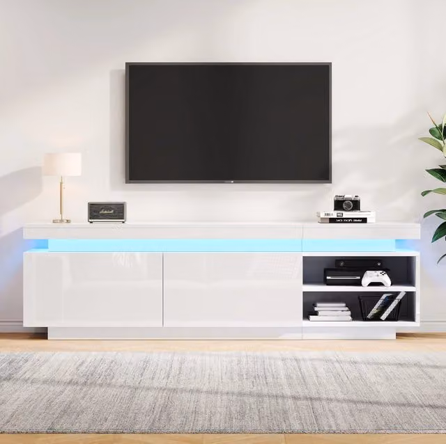 Mobile TV 170 cm bianco lucido con LED, 2 ante e 2 vani a giorno