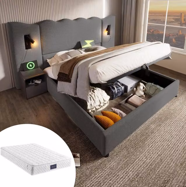 Letto matrimoniale MODFU con contenitore a sollevamento, luce da lettura integrata, porte USB e mensola laterale, grigio, L/P: 160 x 200 cm – 1