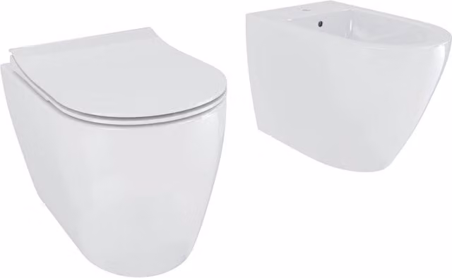 Set Di 2 Sanitari Filo Muro Coppia Vaso WC E Bidet In Ceramica Design Moderno Completi Di Copriwater Chiusura Soft Close Ideali Per Arredo Bagno Elegante Colore Bianco Lucido